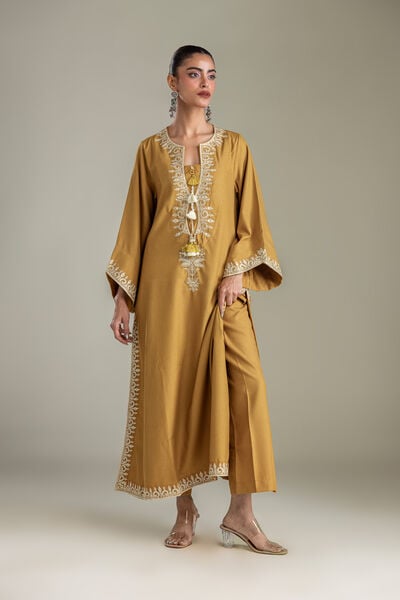 Embroidered | Heavy Blended Viscose | Solid Mustard Pants | GBP 30.00