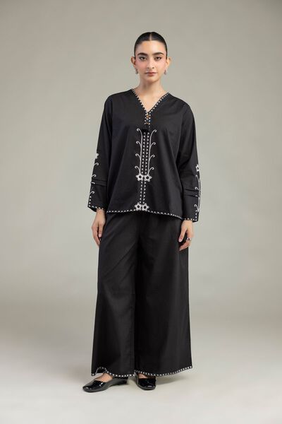 Embroidered | Textured Cotton | Black Cotton Trousers | GBP 14.00