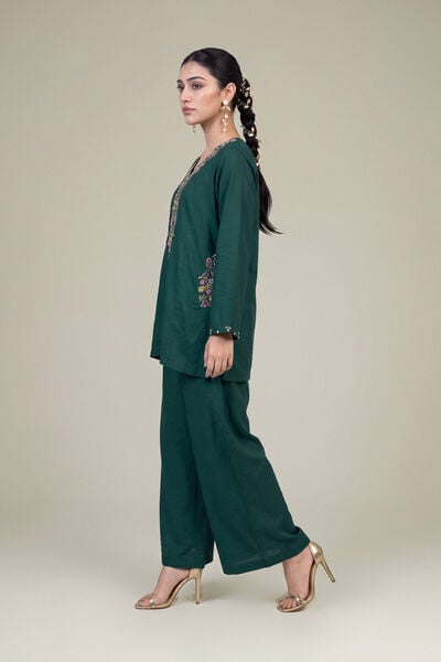 Embroidered | Raw Silk | Green Solid Pants | GBP 30.00