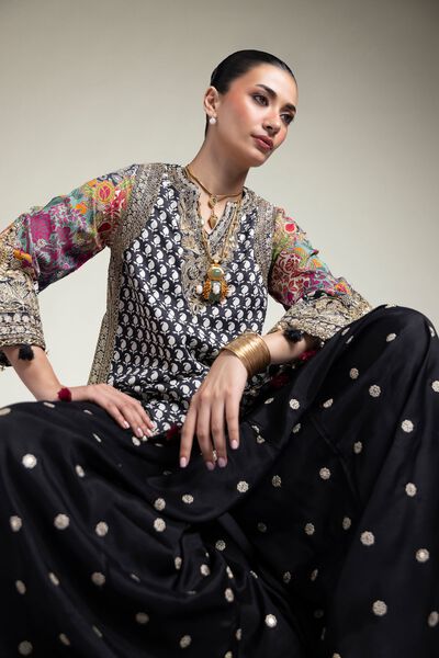 Embroidered | Raw Silk | Black 2-Piece Set | GBP 105.00