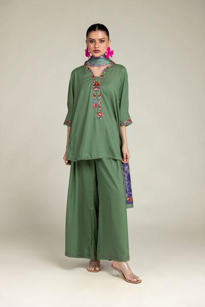 Embroidered | Raw Silk | Floral V-Neck Kurta | GBP 35.00