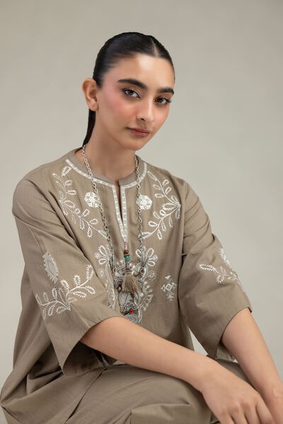 Embroidered | Textured Cotton | V-Neck Floral Shirt | GBP 21.00