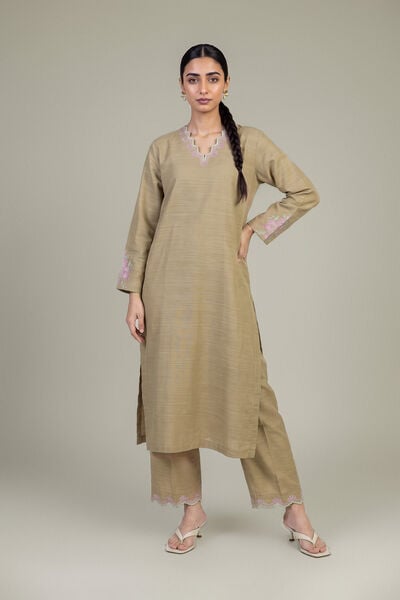 Embroidered | Light Khaddar | Longline Beige Kurta | GBP 30.00