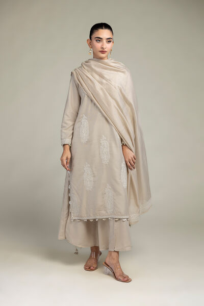 Raw Silk | Solid Beige Pants | GBP 25.00