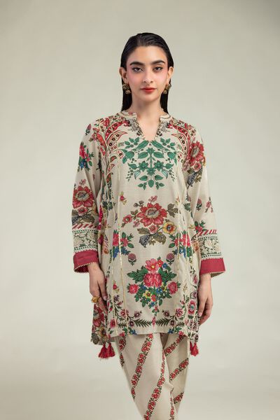 Embroidered | Raw Silk | Floral Beige Kurta  | GBP 30.00