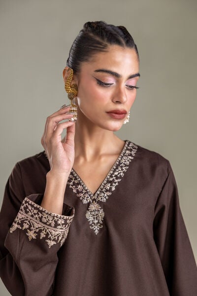 Embroidered | Heavy Blended Viscose | Brown V-neck Kurta | GBP 50.00