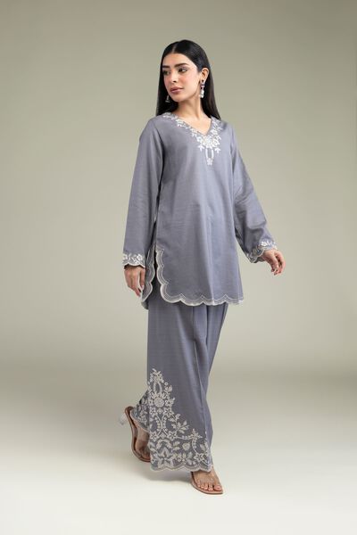 Embroidered | Cotton Dobby | Gray Floral Pants | GBP 30.00