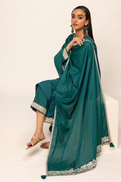 Embroidered Lawn Dupatta, GREEN, hi-res