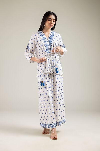 Embroidered | Viscose Crepe | Geometric White Trousers | GBP 20.00