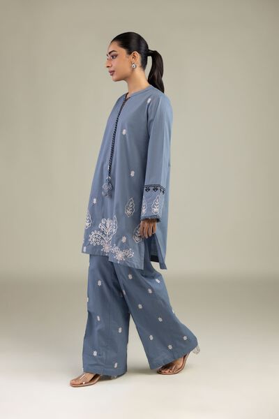 Textured Cotton | Embroidered | Blue Embroidered Pants | GBP 30.00