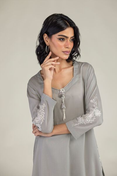 Embroidered | Lyocell | Gray Longline Kurta | GBP 35.00