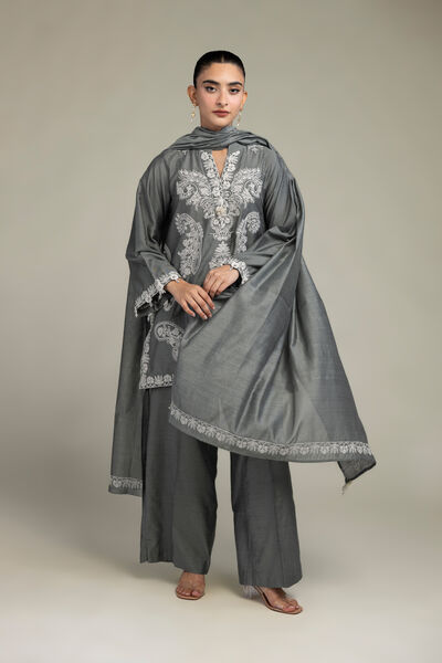 Cotton Net | Gray Floral Dupatta | GBP 25.00