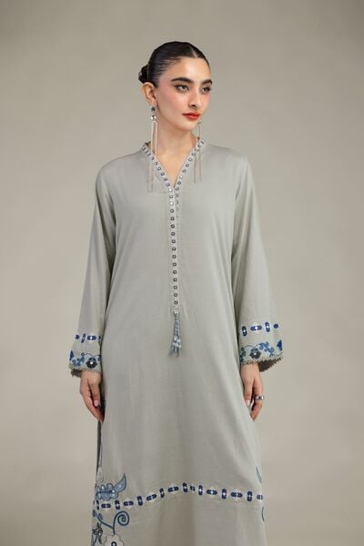 Embroidered | Raw Silk | Floral V-Neck Kurta | GBP 45.00