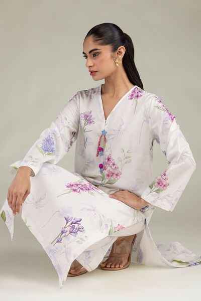 Printed | Cotton Viscose | White V-Neck Kurta | GBP 25.00