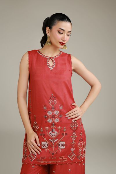 Embroidered | Raw Silk | Printed Rust Kurta | GBP 50.00