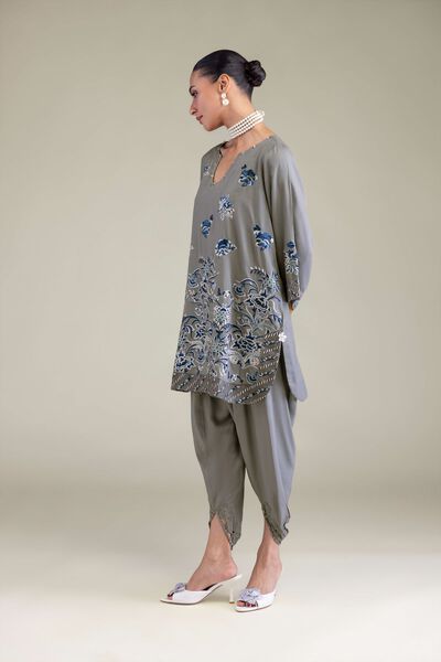 Embroidered | Raw Silk | Gray Floral Pants | GBP 20.00
