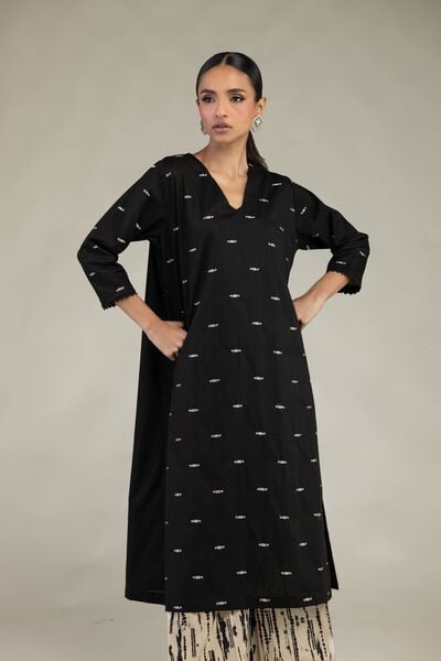 Textured Cotton | Embroidered | Black V-Neck Kurta | GBP 35.00