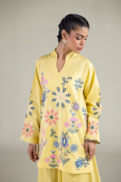 Embroidered | Textured Cotton | Floral V-Neck Kurta | GBP 35.00
