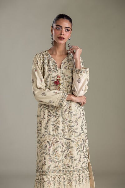 Embroidered | Heavy Blended Viscose | Long Beige Kurta | GBP 50.00