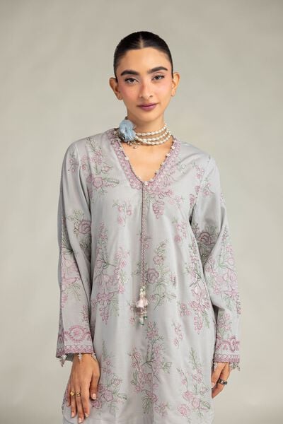 Embroidered | Raw Silk | Floral V-Neck Kurta | GBP 50.00