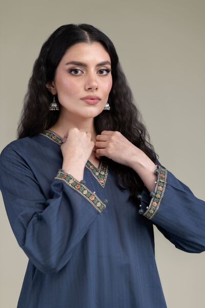 Embroidered | Cotton Dobby | Navy V-Neck Kurta | GBP 25.00