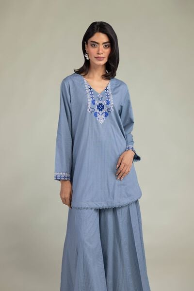 Embroidered | Cotton Dobby | Blue V-Neck Kurta | GBP 30.00