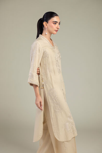 Embroidered | Raw Silk | Floral V-Neck Kurta | GBP 50.00