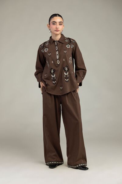 Embroidered | Textured Cotton | Brown Cotton Trousers | GBP 14.00