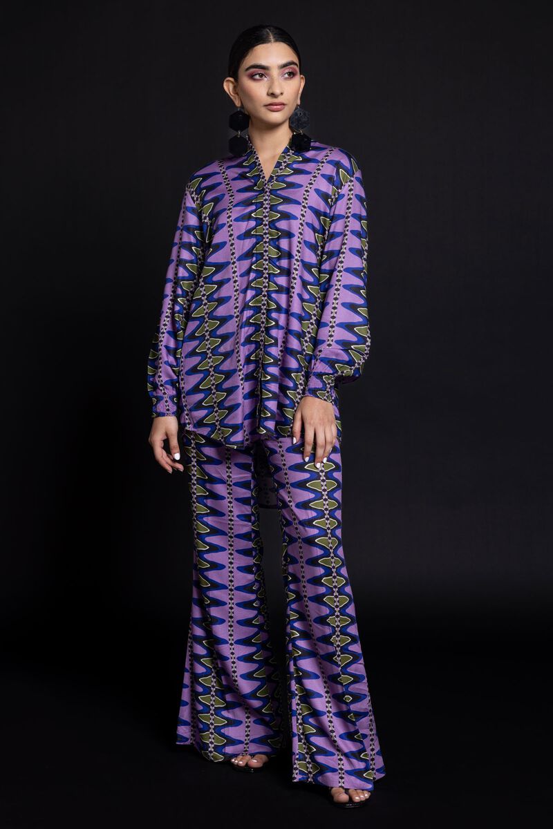 Band Collar Button Down Shirt with Smocked Sleeves, MULTI, hi-res image number null