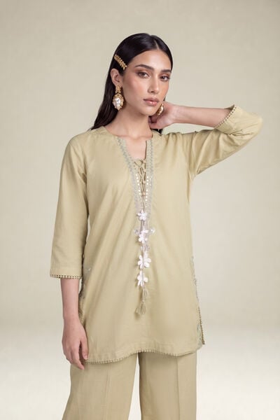 Embroidered | Cambric | Beige Cambric Kurta | GBP 35.00