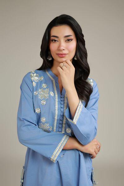 Embroidered | Cambric | Floral Blue Kurta | GBP 35.00