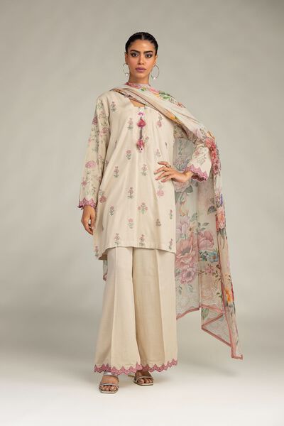 Embroidered | Raw Silk | Beige Solid Pants | GBP 25.00