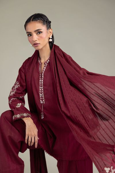Embroidered | Textured Cotton | Floral Maroon Dupatta | GBP 25.00