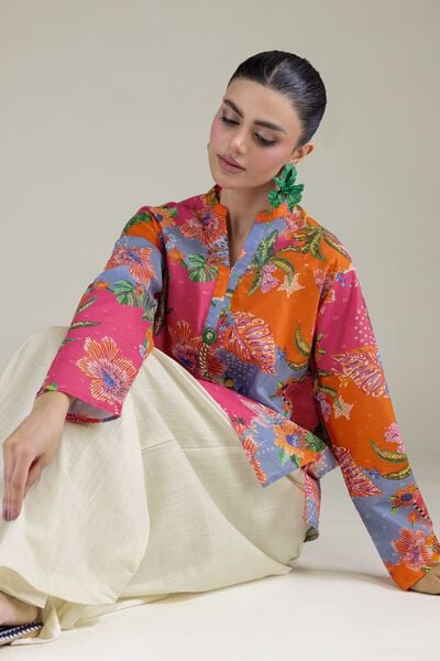 Embroidered | Cambric | Short Band-Collar Shirt | GBP 25.00