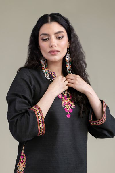 Embroidered | Cotton Dobby | Black V-Neck Kurta | GBP 25.00