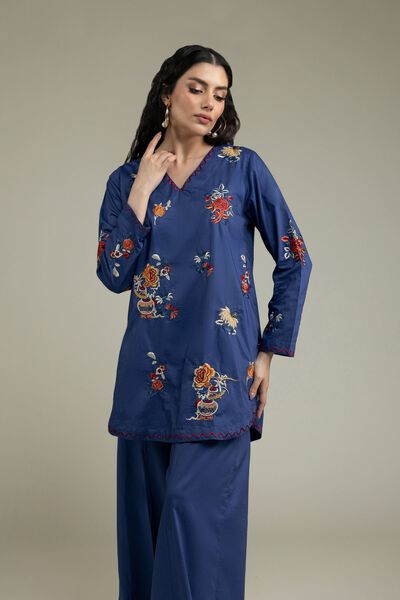 Embroidered | Cambric | Blue V-Neck Kurta | GBP 17.50