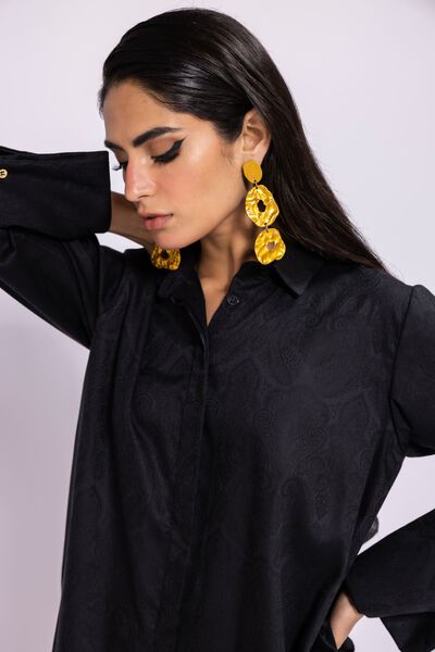 Button Down Shirt with Cuff Sleeves, BLACK, hi-res