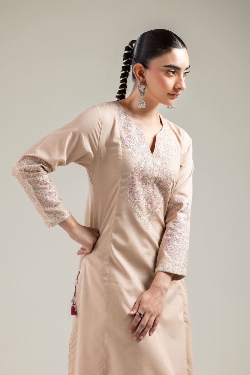 Beige Embroidered Kurta view 2