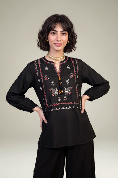 Embroidered | Viscose Crepe | Black V-Neck Blouse | GBP 40.00