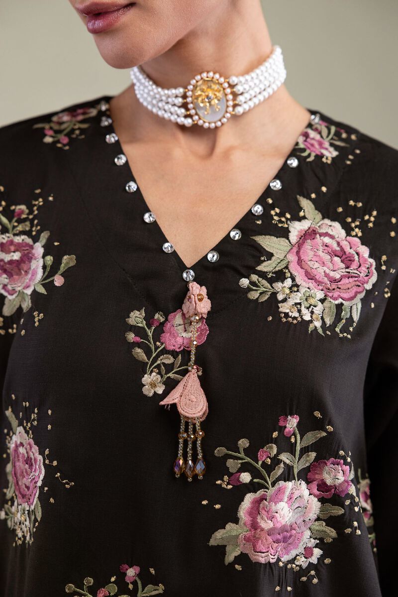 Embroidered | Raw Silk | Black Floral Kurta | GBP 40.00