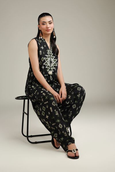 Embroidered | Cotton Dobby | Black Sleeveless Kurta | GBP 12.50
