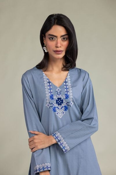 Embroidered | Cotton Dobby | Blue V-Neck Kurta | GBP 30.00