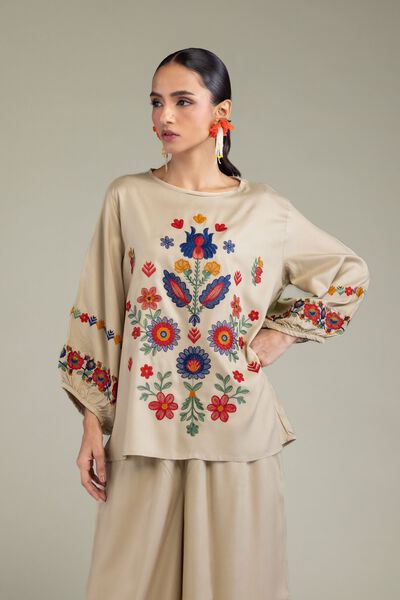 Embroidered | Viscose Crepe | Floral Beige Blouse | GBP 30.00