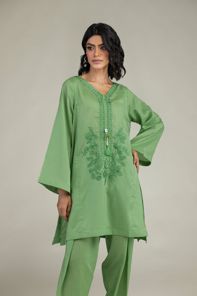 Embroidered | Lyocell | Green V-Neck Kurta | GBP 35.00