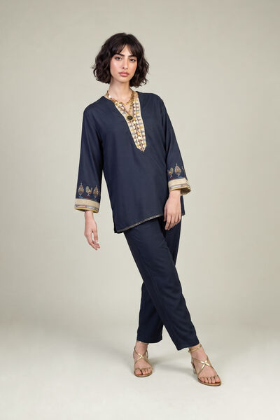 Embroidered | Viscose Crepe | Navy Crepe Trousers | GBP 30.00