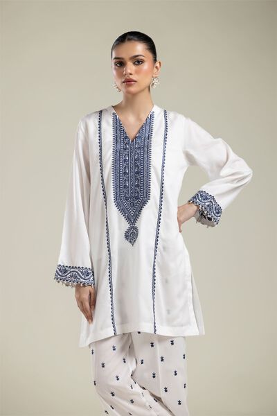 Embroidered | Textured Weave | White Embroidered Kurta | GBP 30.00