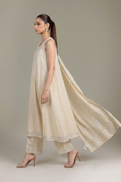 Embroidered | Raw Silk | Off-White Silk Pants | GBP 35.00