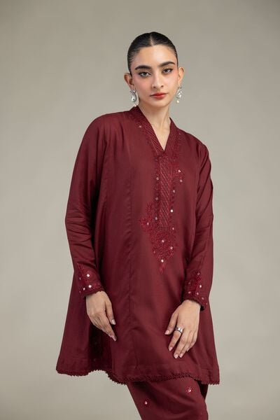 Embroidered | Raw Silk | Maroon V-Neck Kurta | GBP 35.00