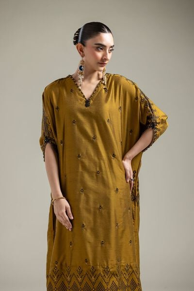 Raw Silk | Mustard Longline Kurta | GBP 50.00