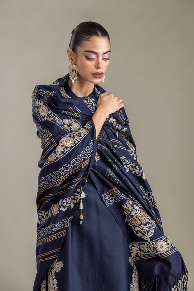 Embroidered | Rashmina Acrylic | Navy Floral Shawl | GBP 30.00